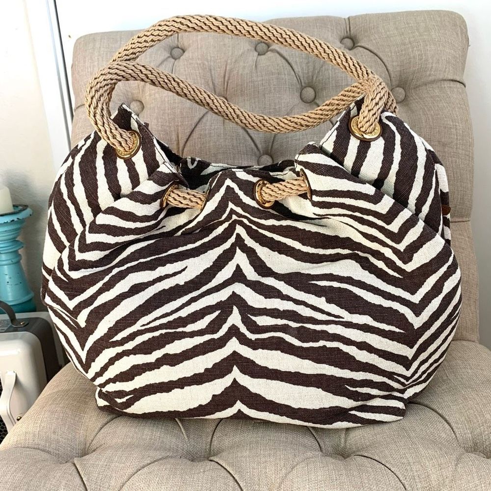 MICHAEL KORS marina canvas zebra print brown large tote bag